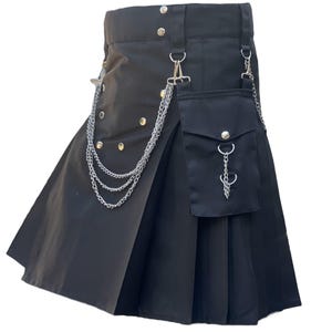 Scottish Traditional Black Utility Kilt Highland Handmade Gothic Style Kilt Pocket Kilt Black Cotton Hybrid Kilt For Men's