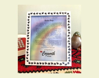 RAINBOW Bridge Poem MEMORIAL any pet Loss dog cat horse MEMORIAL n hand painted wood Photo Frame white w/ black pawprints