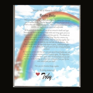 POEMA DE PUENTE ARCOÍRIS CONMEMORATIVO PARA MASCOTAS Pérdida de mascota Perro gato nombre personalizado con corazón se adapta a marco de 8x10 Regalo de condolencias para un amante especial de las mascotas Sin foto