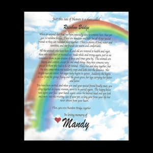 May include: A memorial print with the text "Rainbow Bridge" and a rainbow illustration. The text describes a place where pets go after death. The print is dedicated "In loving memory of Mandy."