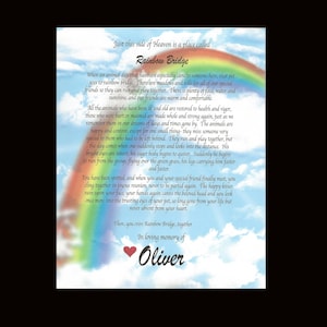 May include: A rainbow bridge memorial card with a blue sky background and a rainbow. The card has the text "Just this side of Heaven is a place called Rainbow Bridge" and a poem about the Rainbow Bridge. The card is in loving memory of Oliver.