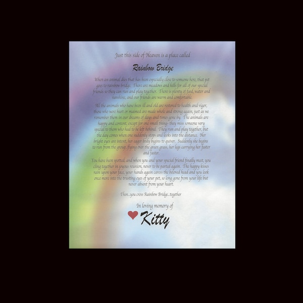 RAINBOW Bridge pet Loss MEMORIAL Poem Only  personalized 4 DOG, cat, horse, fish, donkey, pig, goat, cow, rabbit, turtle, any pet!