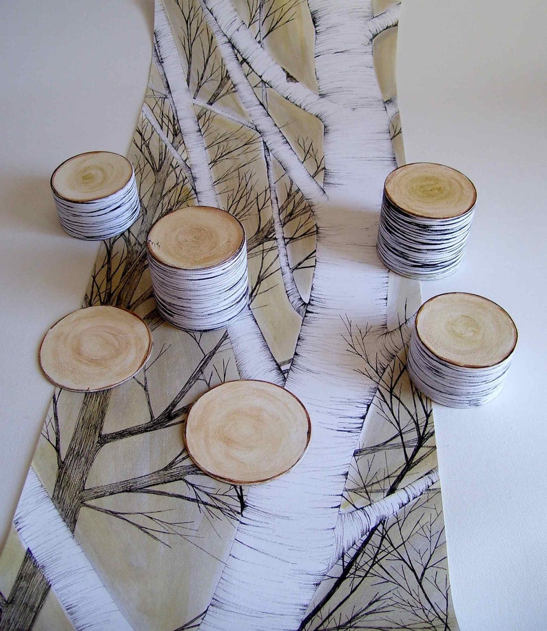 Birch table runner with 3D coaster. Black and white, spring table decor, wedding table decoration, original hand painted, unique gift image 4