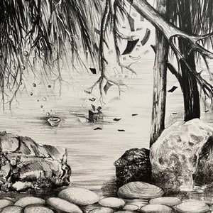 May include: A black and white pencil drawing of a forest scene with a river and rocks. The trees are drawn with thick, dark lines, and the river is smooth and reflective. The rocks are scattered along the riverbank.