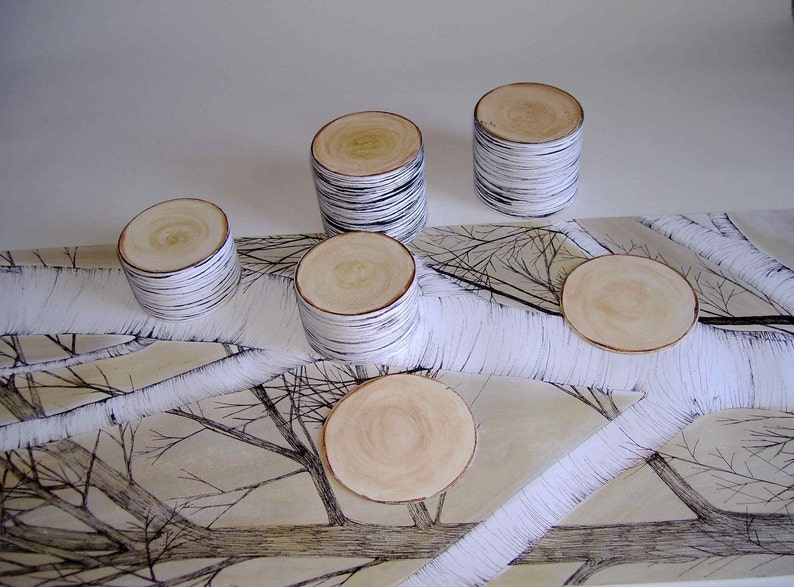 Birch table runner with 3D coaster. Black and white, spring table decor, wedding table decoration, original hand painted, unique gift image 1