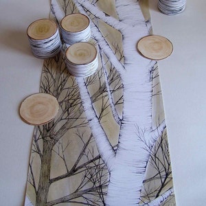 Birch table runner with 3D coaster. Black and white, spring table decor, wedding table decoration, original hand painted, unique gift image 5