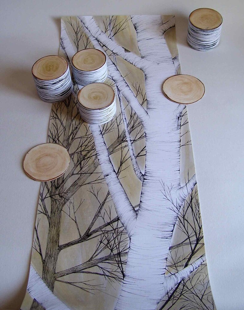 Birch table runner with 3D coaster. Black and white, spring table decor, wedding table decoration, original hand painted, unique gift image 5