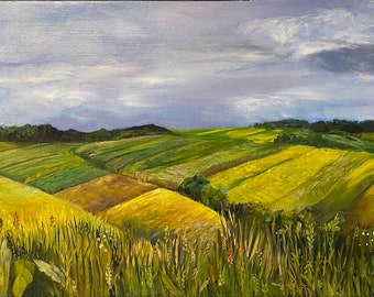 Landscape painting - oil paint - European countryside, yellow and green colors, spring home decor, mothers day gift, original art