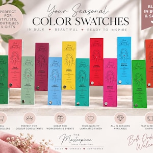 May include: A collection of twelve rectangular color swatch cards arranged in a row, each featuring a unique seasonal color palette label, a line-art illustration of a face, and text including True Summer, Soft Autumn, Light Spring, and Dark Winter.