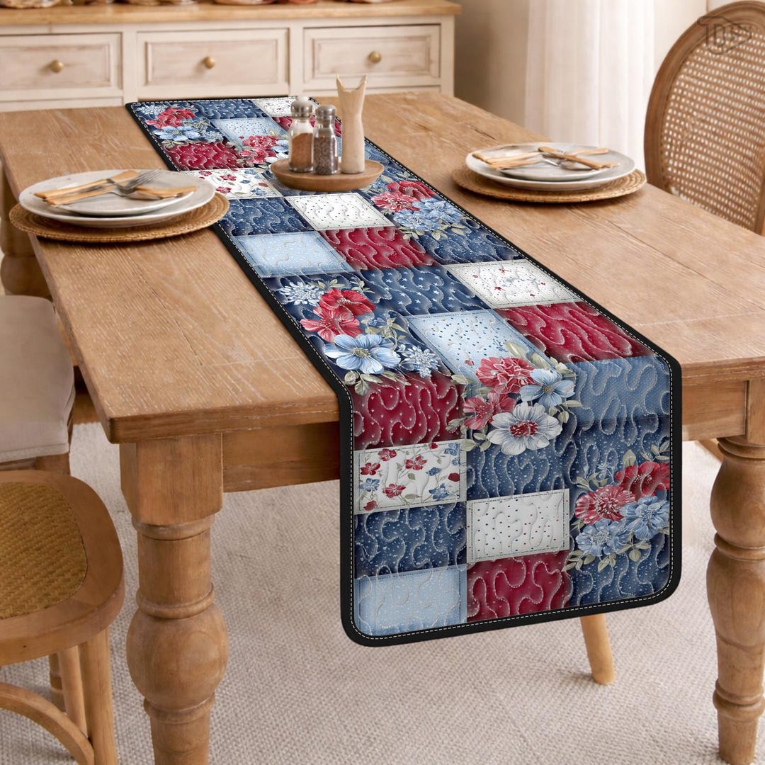 Patriotic Floral Quilted Table Runner, Red White Blue Table Decor ...