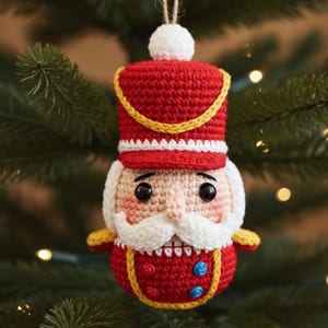 May include: A crocheted Christmas decoration in the shape of a nutcracker. The ornament has a red hat with gold trim, a white moustache, and blue and gold details. It hangs from a natural twine string against a blurred green backdrop, evoking a festive atmosphere.