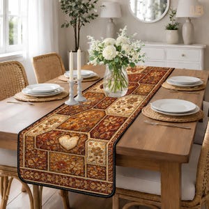 Vintage Brown Floral Quilted Table Runner, Heart Pattern Patchwork Quilt, Earth Tone Table Decor, Rustic Flower Dining Room Centerpiece