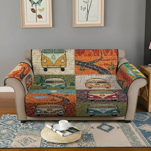 Canyon Road Van Quilted Sofa Cover, Southwestern Landscape Patchwork Couch Protector, Earth Tone Furniture Throw, Desert Adventure Slipcover