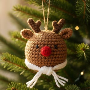 May include: A handmade crochet Christmas ornament shaped like a reindeer head. The ornament features a brown head with small antlers, black eyes, and a red nose. A white scarf is tied around the neck. The ornament is hanging from a natural twine string.