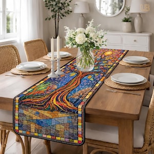 Sun and Wildflower Quilted Table Runner, Vibrant Stained Glass Table Decor, Colorful Patchwork Quilt, Bright Floral Summer Home Decor Gift