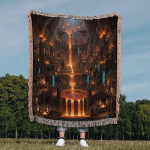 May include: Woven throw blanket featuring a fantasy landscape with a fiery river cascading through a city. The blanket has a detailed illustration in shades of orange, brown, and blue, with a fringed edge. The blanket is held up in front of a person.