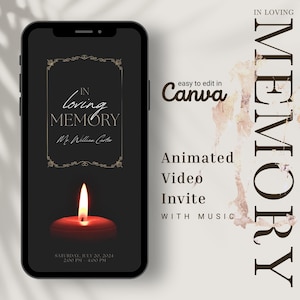 Plantilla digital de invitación a funeral con música/video conmemorativo editable en Canva/animado/tarjeta de recuerdo imprimible.