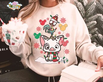 Retro 90s Disney Moana Santa Hei Hei and Pua Tee, Crop Top, Christmas Light Design, Disneyland Holiday Gift, Matching Family Shirt
