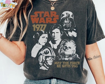 Retro 70s Star Wars Characters Group Shirt, Vintage Portrait Collage Design, Funny Vader Leia Han Solo Chewie, Disney Galaxy's Edge Fan Gift