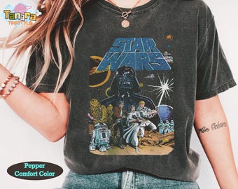 Camiseta cropped retrô com estampa de personagens de Star Wars dos anos 80, capa de quadrinhos, design vintage, Galaxy's Edge Hollywood Studios, camiseta unissex de aniversário.