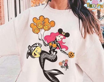Camiseta de Halloween de la princesa Ariel, camiseta de esqueleto de Flounder Sebastian, viaje familiar a Disneyland, disfraz de La Sirenita, fiesta retro de Disney de los 90