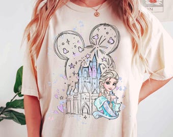 Camiseta de la princesa Elsa de Disney Frozen, retrato del castillo con orejas de Mickey, diseño de WDW Disneyland Magic Kingdom, regalo para vacaciones familiares.
