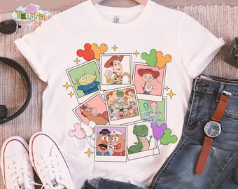 Retro 90er Jahre Toy Story Charaktere Gruppenfotos Luftballons T-Shirt, Crop Top, Disneyland Familienurlaub Reise, Buzz Woody Aliens Rex Jessie Passend