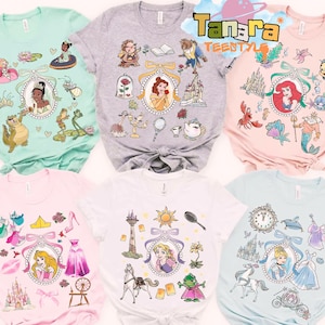 Coquette Bows Watercolor Disney Princess Shirt, Magic Kingdom Family Trip, Customize Tiana Ariel Elsa Rapunzel Belle Jasmine Tee, Fairy Tale