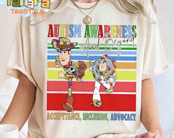 Retro 90er Jahre Woody und Buzz Lightjahre Autismus Bewusstsein T-Shirt, Disney Toy Story Puzzle Design, bis zur Unendlichkeit und darüber hinaus Geschenk, klassischer Disney-Film