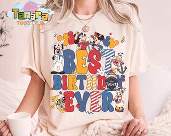 Camiseta retro de cumpleaños de Disney Cruise Line de los 90, top corto, camiseta personalizada de Mickey y sus amigos para niño y niña, regalo para un crucero familiar