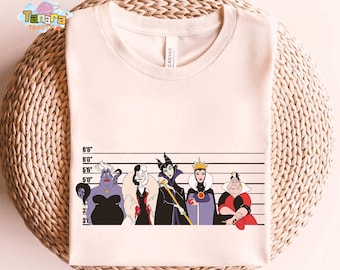 Retro 90s Disney Villains Tee, Crop Top, Mugshot Squad Design, Evil Queen Ursula Cruella Maleficent, Bad Girls Collection, 2025
