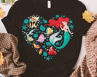 Camiseta de la princesa Disney Ariel, Flounder y Sebastián, collage de personajes de La Sirenita, camiseta de vacaciones en Magic Kingdom, diseño retro de Disney de los 90