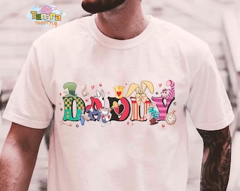 Camiseta retro de los 90 de Alicia en el País de las Maravillas para papá, top corto, gato de Cheshire del Sombrerero Loco personalizado, padre e hijo a juego, regalo con nombre personalizado de Disney