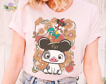 Retro 90s Hei Hei Rooster Pua Pig With Mickey Ears Floral Tee, Disneyland Family Holiday Vacation 2025 Trip,Disney Moana Characters Crop Top