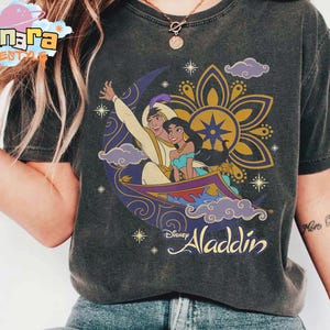 Disney Aladdin Jasmine & Aladdin Tee, Flying Carpet Floral Poster Design, WDW Magic Kingdom Gift, Disneyland Vacation Shirt, Family Holiday.