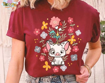 Disney Moana Hei Hei Rooster Pua Pig Floral Tee, Crop Top, Retro 70s Vintage Style, Perfect for Disney Fans, Cute Character Gift, Vacation