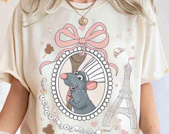 Retro 90s Coquette Bow Disney Ratatouille Remy Tee, Anyone Can Cook Quote, Paris France Gusteau&#39;s Design, Girly Disney Fan Shirt