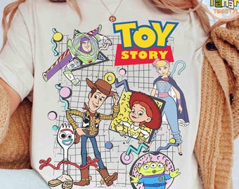 Retro 90s Toy Story Characters T-Shirt, Disney Pixar Group Design, Woody & Buzz Lightyear Tee, You've Got A Friend In Me, Classic 90s Disney