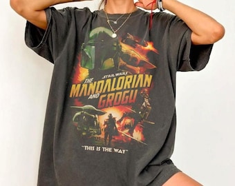 Retro Star Wars The Mandalorian and Grogu Poster Tee, Grogu Bounty Hunter T-Shirt, 90s Inspired Star Wars Shirt, Gift for Star Wars Fans