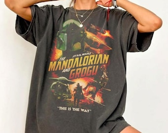 Retro Star Wars The Mandalorian and Grogu Poster Tee, Grogu Bounty Hunter T-Shirt, 90s Inspired Star Wars Shirt, Gift for Star Wars Fans