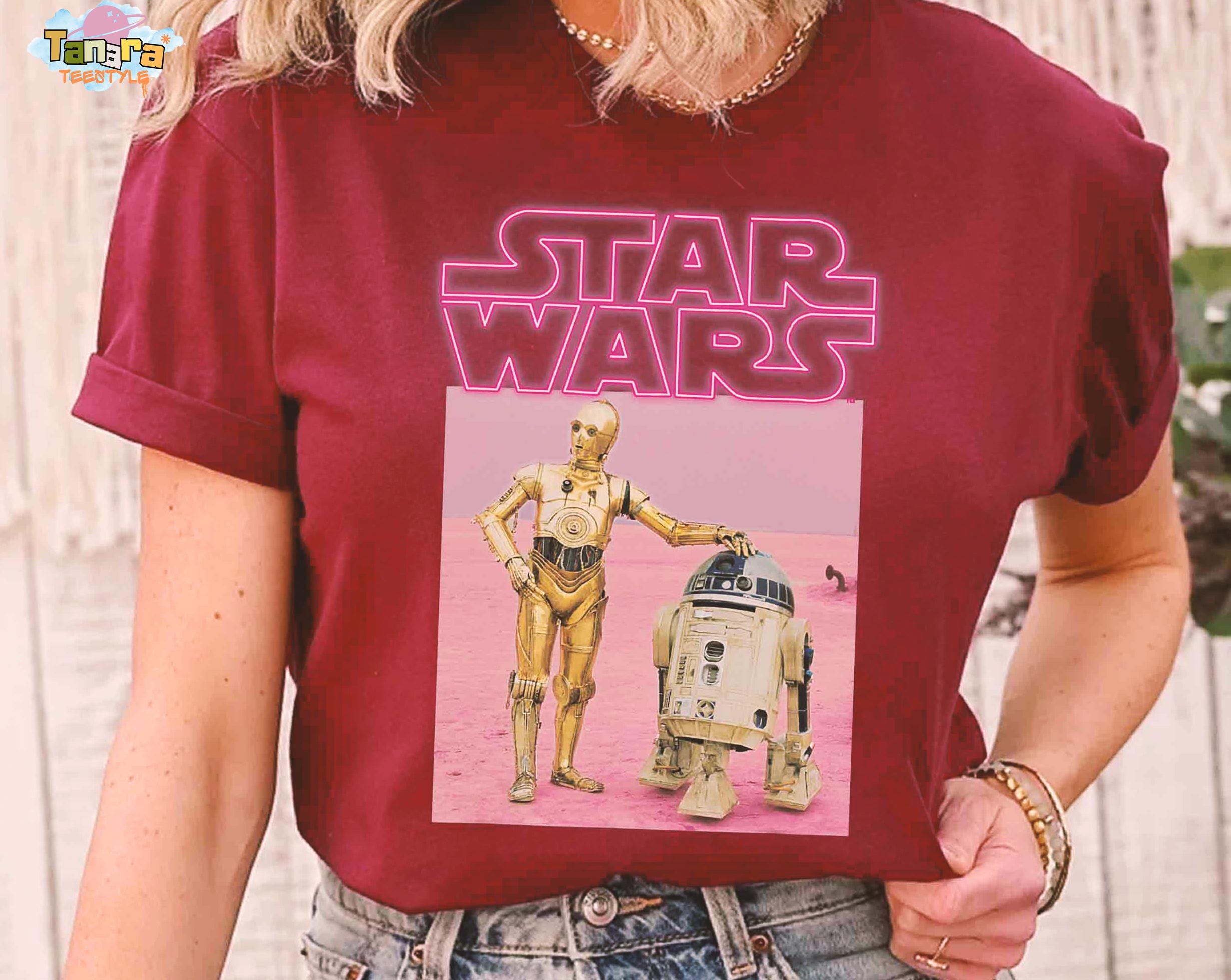 Star Wars Droids R2-D2 C-3PO Tee, Crop Top, Funny Pink Neon 