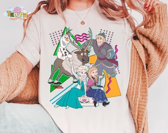 90年代風レトロディズニー「アナと雪の女王」スクワッドTシャツ、クロップトップ、エルサ、アナ、オラフ、クリストフの集合写真、マジックキングダム・ディズニーランドの家族旅行ギフト