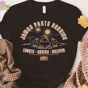 Camiseta de servicio de piezas Jawas del Libro de Boba Fett de Star Wars, diseño retro de los 80 con doble sol, inspirada en Galaxy&#39;s Edge, perfecta para fanáticos de Star Wars.