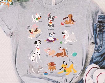 Disney Dogs Group Jumble Tee, All Pets Movie Collection, Pluto Copper Pongo Design, Perfect for Disney Fans, Magic Kingdom Vacation Gift