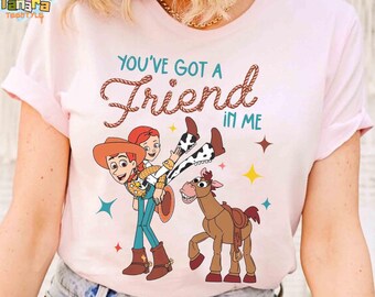 Woody and Jessie You've Got A Friend In Me T-Shirt, Disney Pixar Toy Story Collection, Perfect for Disney Fans, Classic Movie Design.