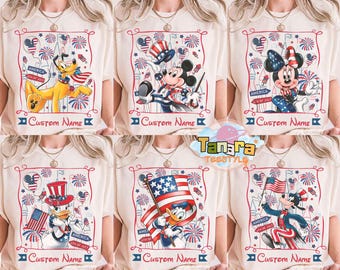 Maglietta retrò anni '90 con Topolino e i suoi amici, stile patriottico Disney, top corto, rosso, bianco e blu, celebrazione del 4 luglio, indipendenza americana, Disney