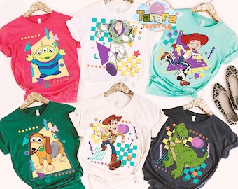 Camiseta retro de Toy Story de los 90, top corto, colección de todos los personajes de Disney Pixar, Buzz, Woody, Jessie, Slinky, Aliens, Rex, camiseta para viaje familiar a Disneyland