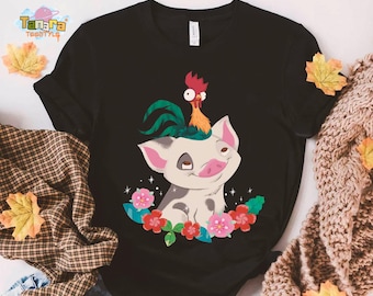 Cute Disney Moana Floral Graphic Tee, Crop Top, Hei Hei Rooster and Pua Pig Shirt, WDW Magic Kingdom Disneyland Family Vacation Holiday Gift
