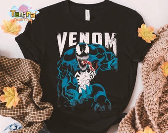 Camiseta de Marvel Venom con la lengua ensangrentada, regalo para fans del MCU, diseño desgastado, colección Marvel Studios, perfecta para cumpleaños o regalo familiar.