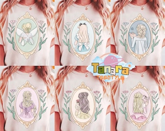 Retro 90s Cute Floral Watercolor Disney Princess Characters T-Shirt, Crop Top, Customize Tiana Ariel Elsa Rapunzel Belle Jasmine,Family Trip